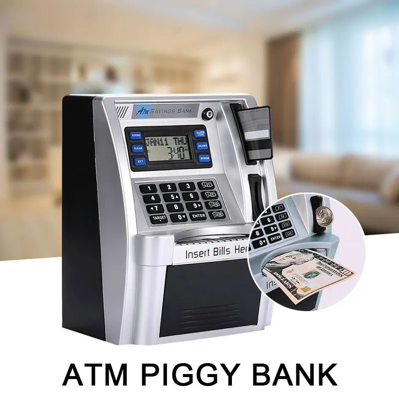 

Simulation ATM Saving Banks ATM Piggy Bank ATM Money Safe Boxes with LCD Screen Silver Kids gift money safe box