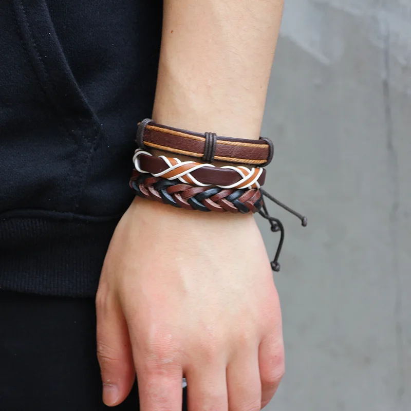 10 Styles Trendy Vintage Multilayer Handmade Leather Bracelets Leaf Anchor Aircraft Wood Beads Bracelets & Bangle Wholesale