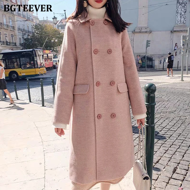 BGTEEVER, модное плотное теплое женское длинное пальто с отворотом, длинный рукав, двубортное Женское шерстяное пальто, Женское пальто - Цвет: pink