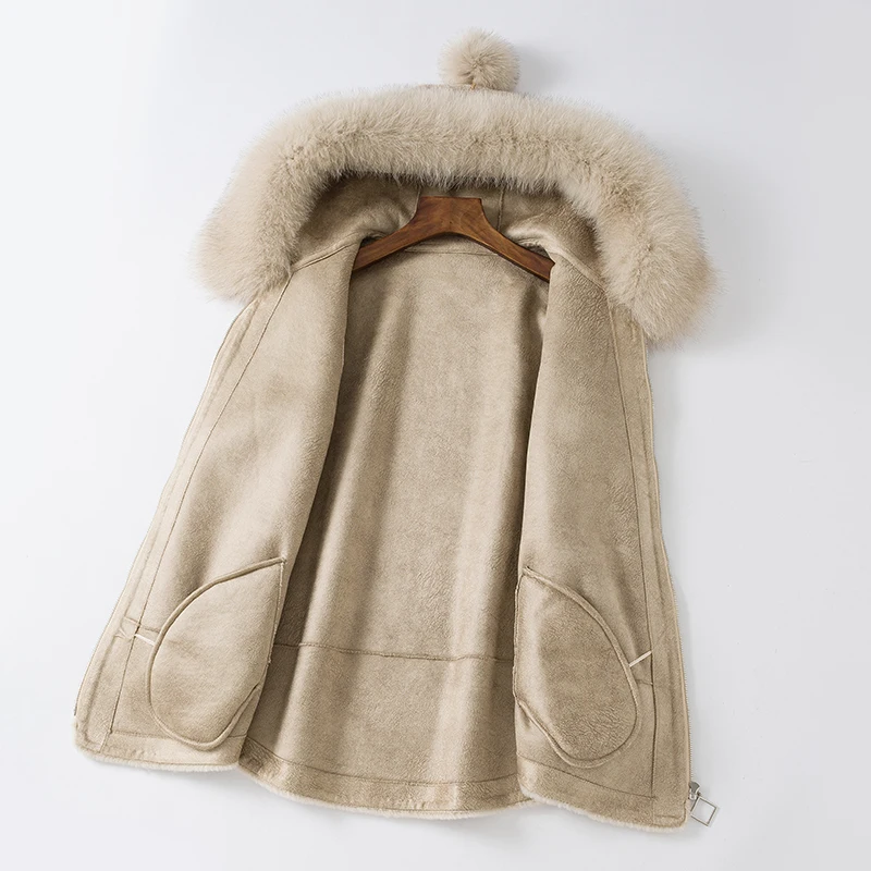 Зимнее пальто с капюшоном из натурального Лисьего меха, Женская куртка из овечьей шерсти, новинка, шерстяное пальто свободного кроя, бархатное пальто