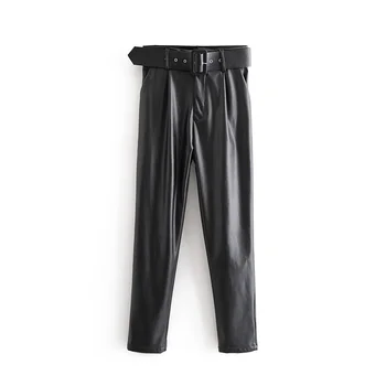 

VomVoa 2019 new retro fashion artificial leather pocket pants women's fashion office high waist harem pants elegant ankle pants