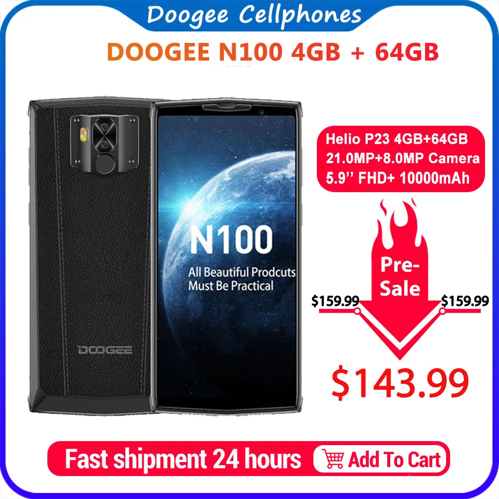 DOOGEE N100 Mobilephone 10000mAh Battery Fingerprint 5.9inch FHD+ Display 21MP Camera MT6763 Octa Core 4GB 64GB Cellphone 4G-LTE DOOGEE N100 Mobilephone 10000mAh Battery Fingerprint 5.9inch FHD+ Display 21MP Camera MT6763 Octa Core 4GB 64GB Cellphone 4G-LTE