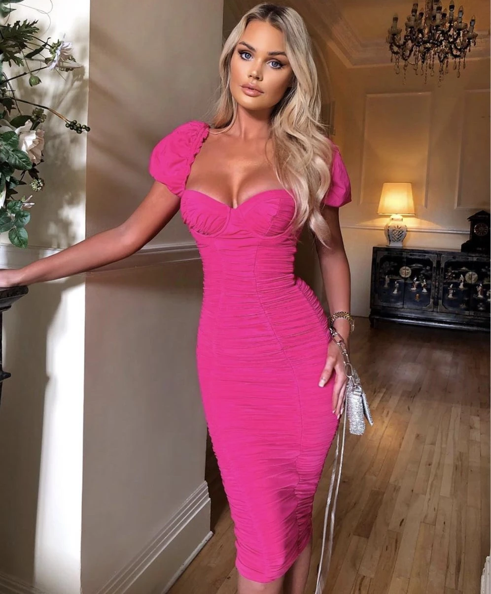 Женское Сетчатое платье средней длины розовое элегантное вечернее до колен с