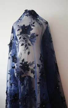 

navy blue 3D flowers lace fabrics, dark blue 3D lace appliques mesh embroidered lace fabric for bridal wedding fabric