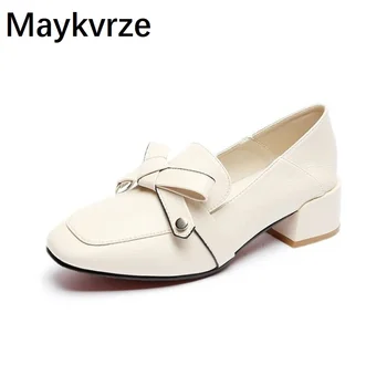 

leather women's shoes British style Square Toe bowknot female High Heels Korean version wild square Heel Comfortable woman Pumps