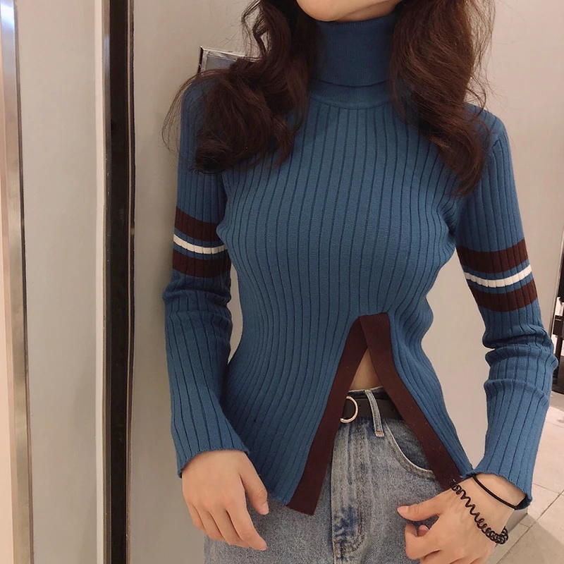 GRUIICEEN свитер с высоким воротом трикотажный длинный рукав осень зима тонкий пуловер Сплит джемпер пэчворк цвет