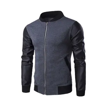 

Men Baseball Jackets new Korean Style PU Leather Sleeve Patchwork Zipper Coat Fashion Design Slim Fit Jacket