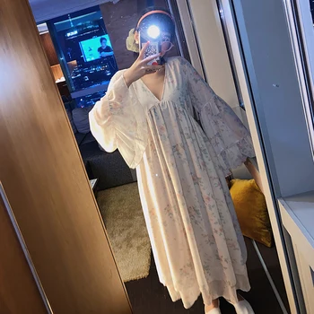 

2020 Spring and Summer Long Dress Women New Long Sleeve V-neck Dress Female Fashion Print Korean Style Women Clothing