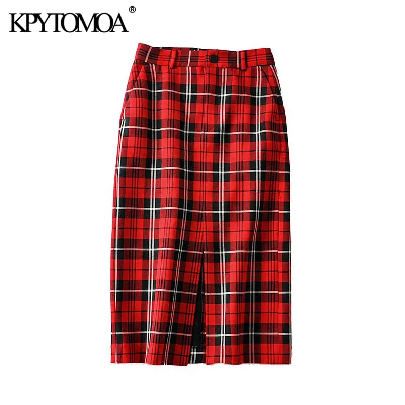 

Vintage Stylish Office Wear Plaid Pencil Skirt Women 2020 Fashion Zipper Fly Pockets Front Slit Female Skirts Chic Faldas Mujer