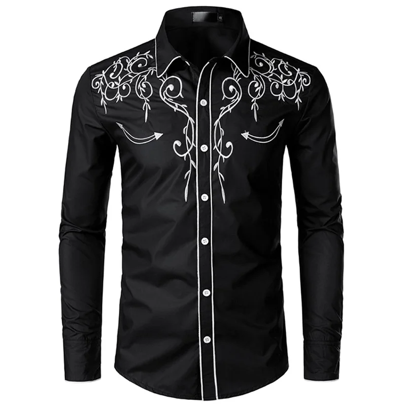 Koop Stijlvolle Western Cowboy Shirt Mannen Brand Design Borduren Slim Fit Toevallige Lange Mouwen Shirts Heren Wedding Party Shirt voor Mannelijke 4