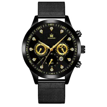 

SHAARMS Mesh Band Black Diamond Men Watch Fashion Stainless Steel Quartz Watches Business Sport Clock Relogio Masculino