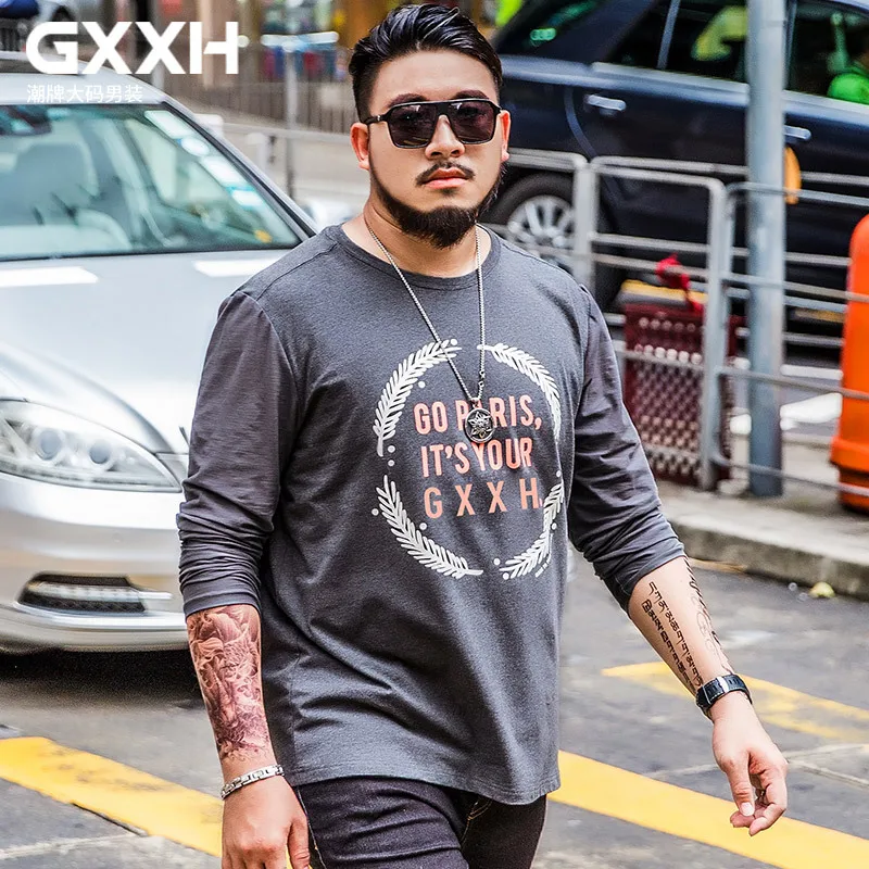 

GXXH Men's long-sleeved t-shirt round neck plus fertilizer 7XL youth printing casual stretch autumn new big size people cotton