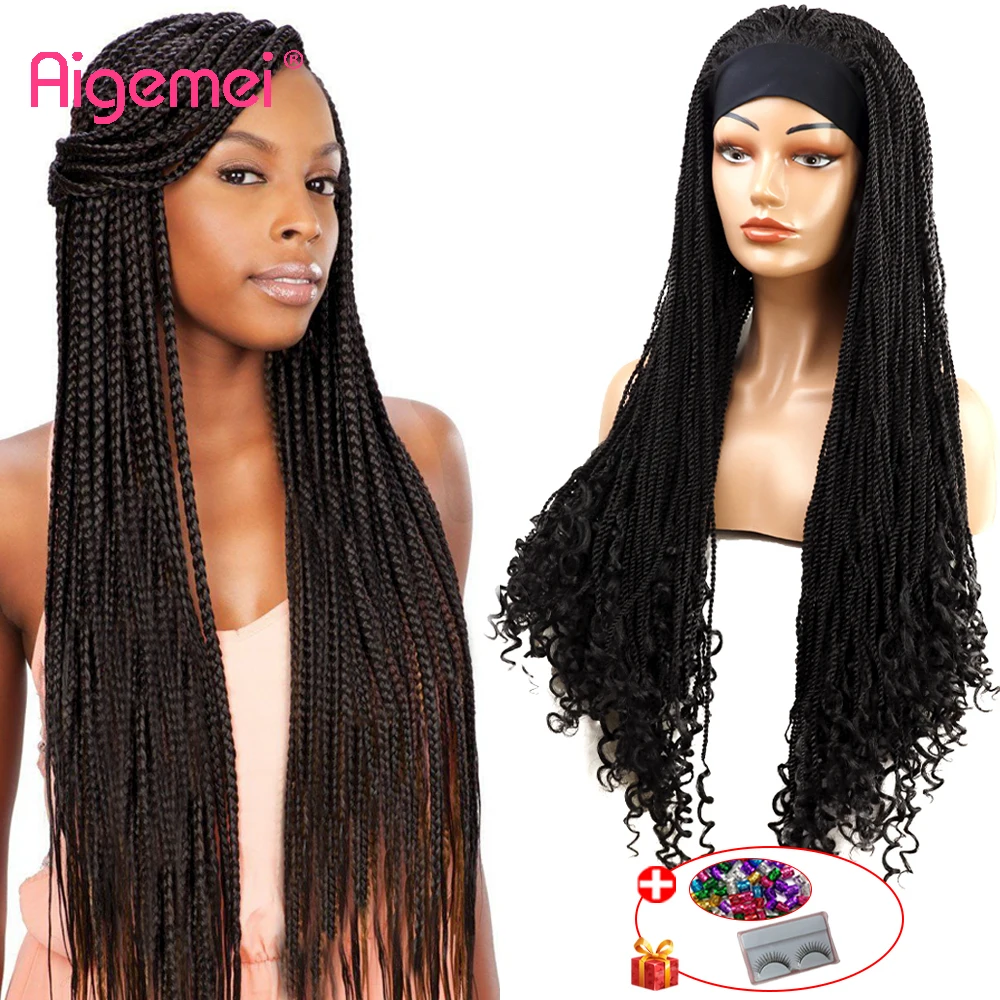 

Aigemei 34Inches Ombre Long Synthetic Wigs Box Braided Wig For Black Women Senegalese Braids Headband Wig with Curly Ends