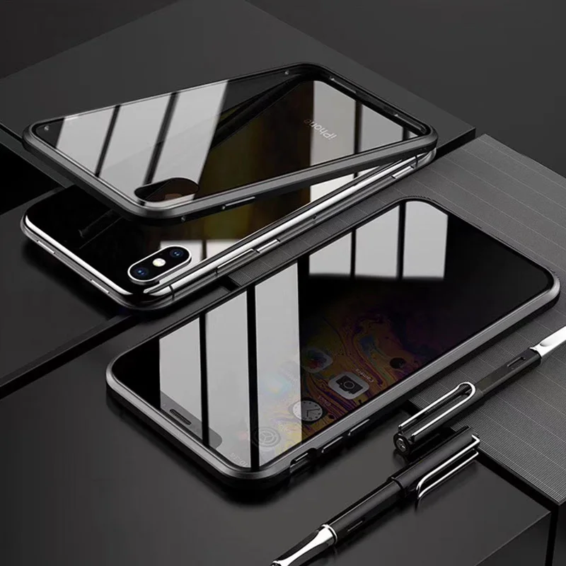 Black for iP X XS Защитное покрытие магнитного экрана противоударный 360 ° Магнитный чехол для телефона двойное закаленное стекло анти-пип для iPhone X XS XR 6 7 8 - Цвет: Black for iP X XS