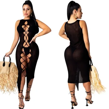 

2020 New Black Women Crochet Knitted Cover Up Dress Beach Tunic Hollow Out Bikini Bathing suit Cover-ups Beachwear Robe plage