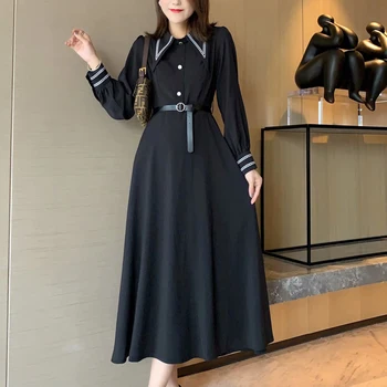 

2020 Autumn And Winter New Style Stitching Webbing Long Sleeve Belt Temperament Slim Mid-Length Dress Women'S Clothing
