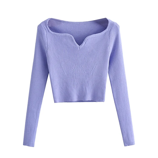 XNWMNZ Autumn Winter elasticity Short Square Collar Thin Knitted Pullovers Sweater Loose V-Neck Long Sleeve Women New Fashion Lavender