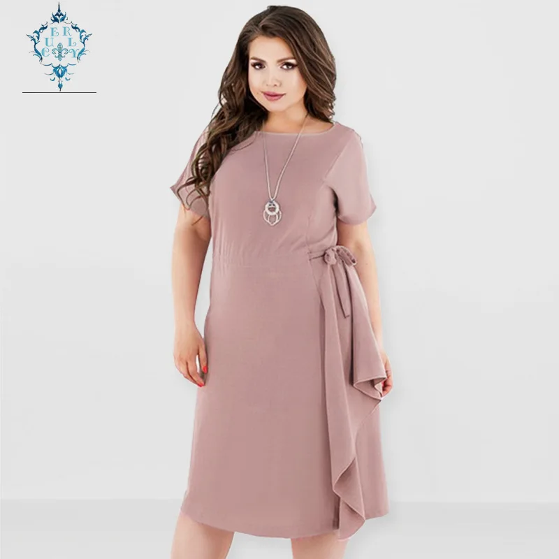 

CUERLY summer dress Elegant lace belt women clothing 2019 fashion short sleeve plus size dresses Casual O-neck midi vestidos