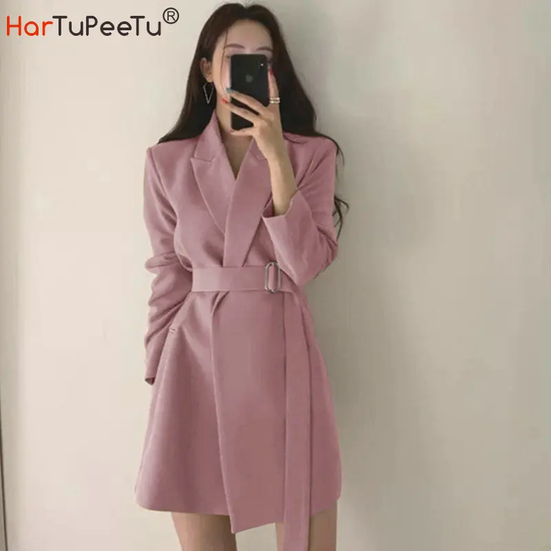 French Pink Blazer Coat Dress Women Spring Autumn 2022 Long Suit Jacket With Belt Slim Fit Korean Style Top 4 Colours Outwear