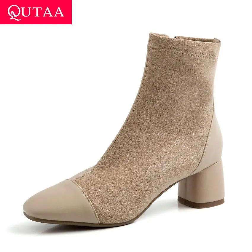 

QUTAA 2020 Square Middle Heel Zipper Autumn Winter Ankle Boots Patchwork Cow Leather Flock Square Toe Women Shoes Size 34-39
