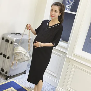 

Maternity V neck Side Splits Black long Dresses for Pregnant Women