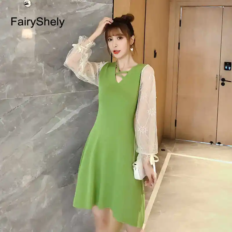 

2019 Spring autumn green lace sweater Dress mini Women Sexy Long Sleeve Mesh knitted Dress Ladies vintage Princess Dress