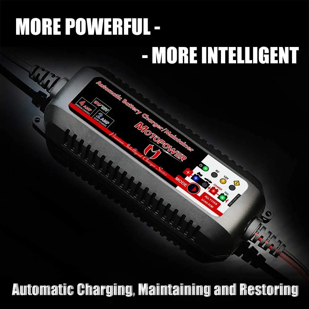MOTOPOWER MP00207 6V / 12V 4AMP Fully Automatic Smart Battery Charger Maintainer Rescure for All Types Lead Acid Batteries of Ca