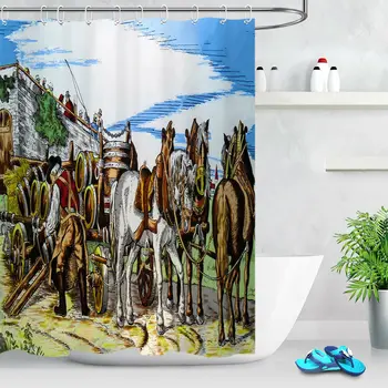 

European Retro Wine Cart Shower Curtain Set Bathroom Fabric Bath Curtains Custom