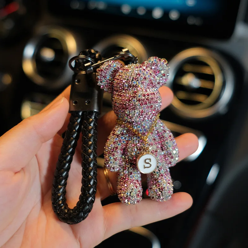 Fancy Strass Rhinestone Diamond Bear Animal Keychain Leather Strap Bear  Animal Car Key Chain Bag Pendant Llaveros Para Mujer