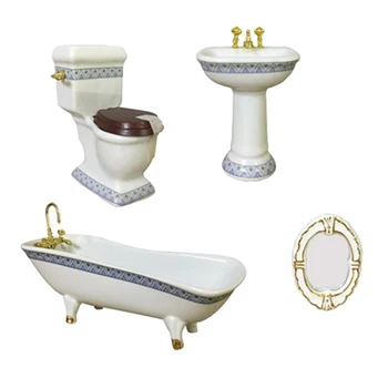 

Dollhouse Miniature Ceramic Bathroom Set Supplies 1:12 Scale Model, Including Bathtub, Toilet, Sink and Mirror (4PCS)