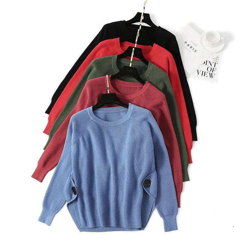 

SINGRAIN Irregular Women Pullovers Large Size Korean Solid Split Knitting Tops O Neck Loose Winter Warm Thick Knitted Sweater