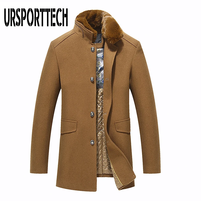 

URSPORTTECH Wool Coat Men Winter Slim Fit England Style Woolen Coat Men Brand Clothing Fashion Mid-Long Wool Coats & Jackets