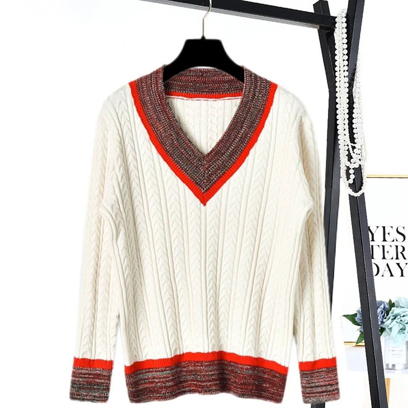 

Tunjuefs Loose V-Neck Twist Striped Sweater Women Jumper Color Block Jersey Runway Long Sleeve Pullovers Knitted Top Casual