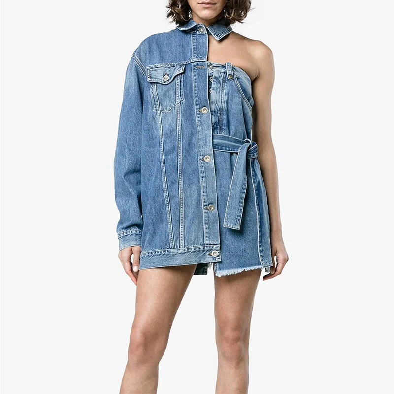

New asymmetric character dew shoulder strap long sleeved jacket female bull puncher skirt