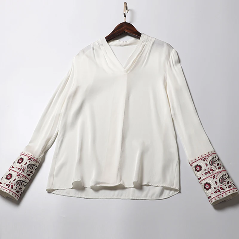 White VERDEJULIAY, Офисная женская блуза из шелка, весна-лето, Женский Топ с длинным рукавом, цветочной вышивкой и v-образным вырезом, зеленый, белый, черный - Цвет: White