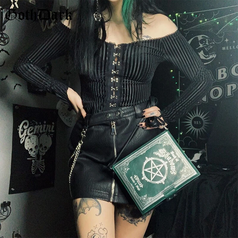 

Goth Dark Vintage Gothic Egirl Punk Hip Hop Female Tshirts Harajuku Off shoulder Aesthetic Longsleeve Tshirt Button Spring 2020