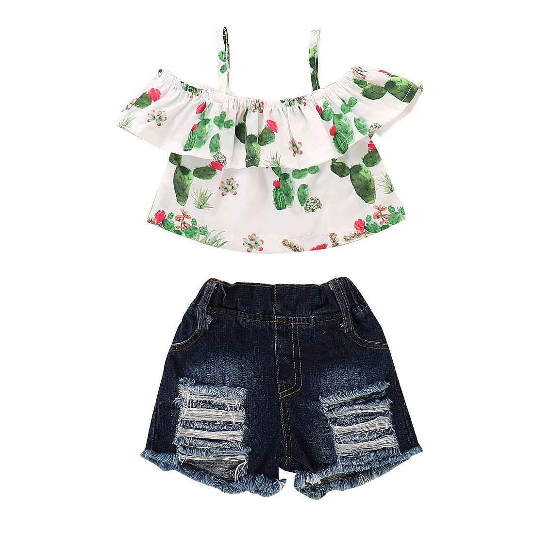 Новинка года; комплекты летней детской одежды из 2 предметов; топы с открытыми плечами и принтом кактуса для новорожденных девочек; рваные шорты; джинсовая одежда