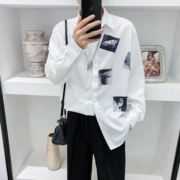 

YASUGUOJI New 2019 Fall Men Shirts Long Sleeve Man Printing White Dress Shirt Men White Blouse Men Silk Men Shirt Loose