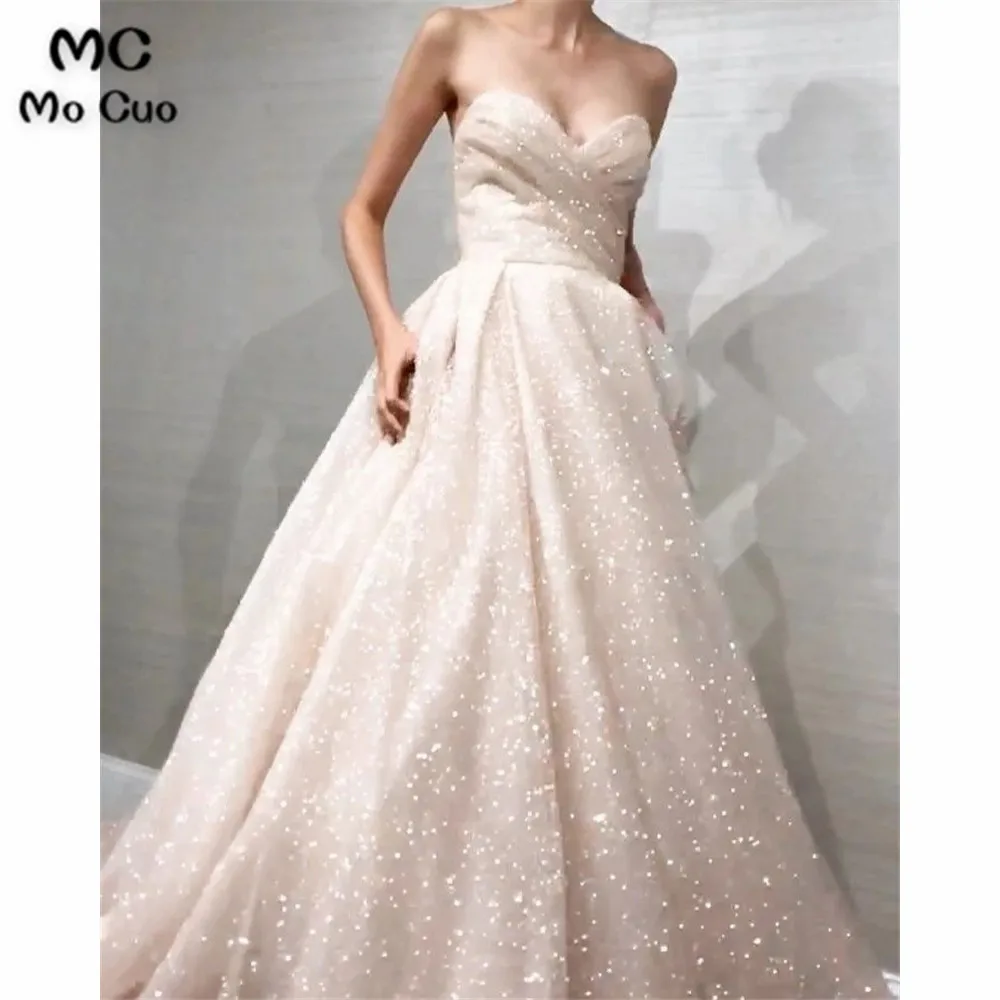 Блестящие Свадебные платья длинные плиссированные Бальные платья Robe de mariage на шнуровке сзади vestido de noiva Свадебные платья