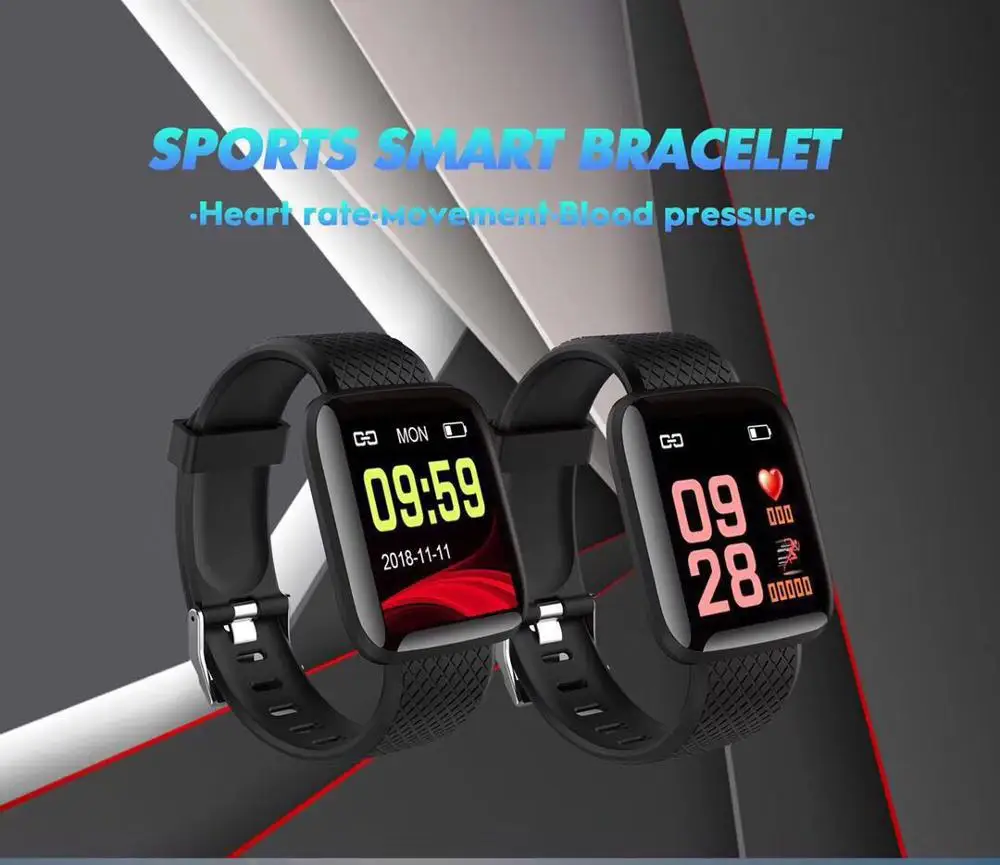 

Smart Bracelet 116 Plus 1.3 Inch Touch Control Screen Heart Rate Blood Pressure Step Push Message IP45 Waterproof