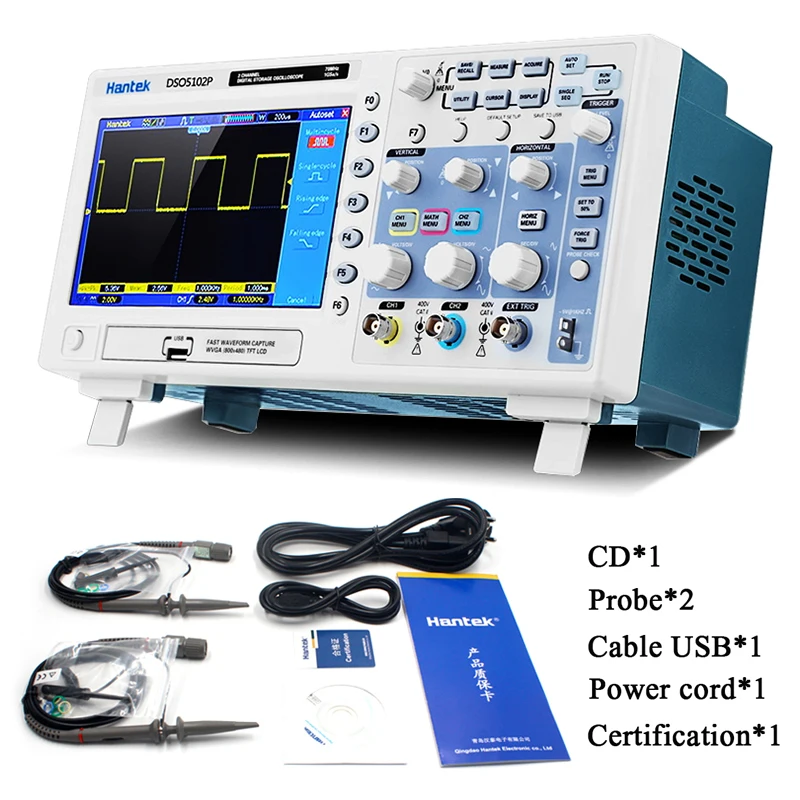 Hantek dso5102p osciloscópio digital 100mhz, 2channels 1gsa/s, tempo real, taxa de amostra, dispositivo host, conectividade 7 polegada de navio