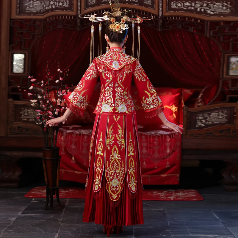 Плиссированное винтажное платье для юной леди со стразами Qipao китайские вечерние платья феникс вышивка полная длина Cheongsam