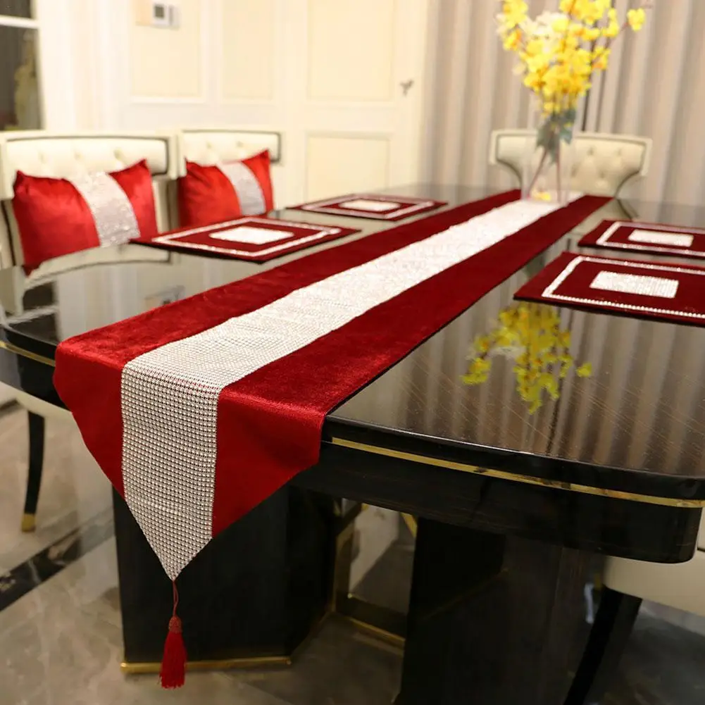 Hotel Gold Rhinestones Table Runner Wedding Anniversary Faux Silk