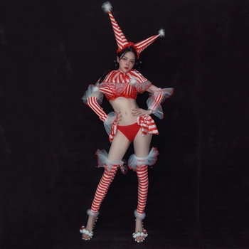 

Christmas Stage Costumes Festival Outfit Party Wear Red And White Striped Circus Clown Cosplay Bar Sexy Pole Dance Wear DT2150