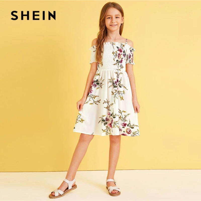 SHEIN/Детское платье в стиле бохо с открытыми плечами и цветочным принтом для девочек; коллекция года; летнее праздничное платье с короткими рукавами и высокой талией