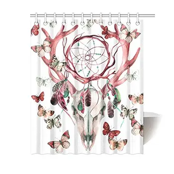 

Bohemian Art Deer Skull with Dream Cather Butterfly House Decor Shower Curtain for Bathroom, Decorative Fabric Bath Curtain Set