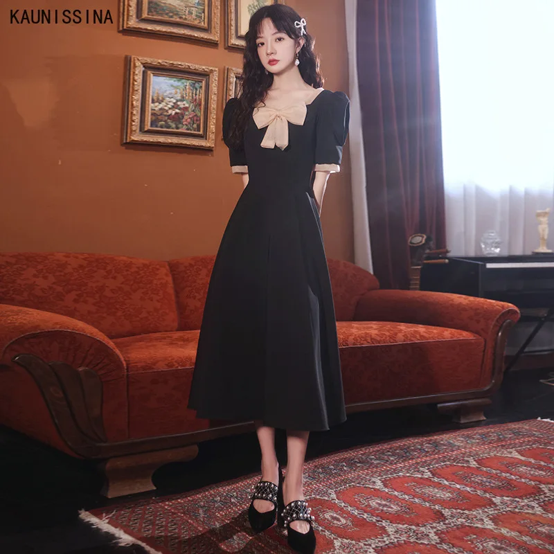 

KAUNISSINA Women Vintage Cocktail Dress Bownot A-Line Elegant Party Dresses High Quality Tea-Length Black Gowns Robe De Vestidos
