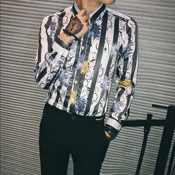 

Fashion Striped Mens Floral Shirt 2020 Spring Skull Printed Long Sleeve Male Slim Shirts Tops Luxury Club Men Clothes Streetwear
