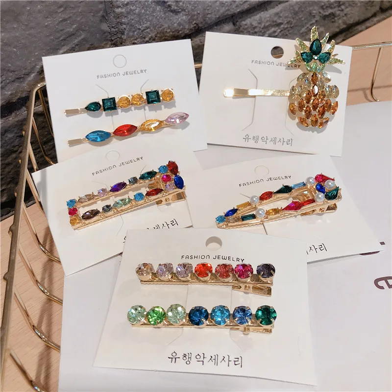 Korea Fashion Women Hair Pin Cute Color Rhinestone Pineapple Geometric Hollow Hair Clips for Girl Hair Jewelry Accessories