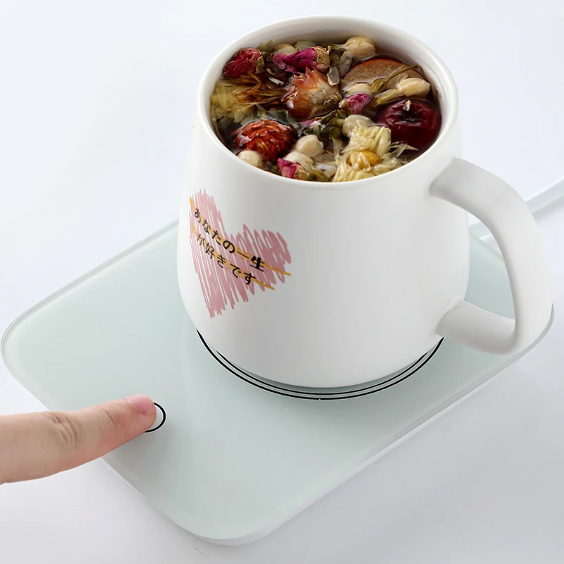 55℃ Cup Warmer Heated Mug Coasters Electric Heater Thermostat Warm Cup Mat Pad Hot Milk Coffee Mug Warmer With Free Ceramic Cup